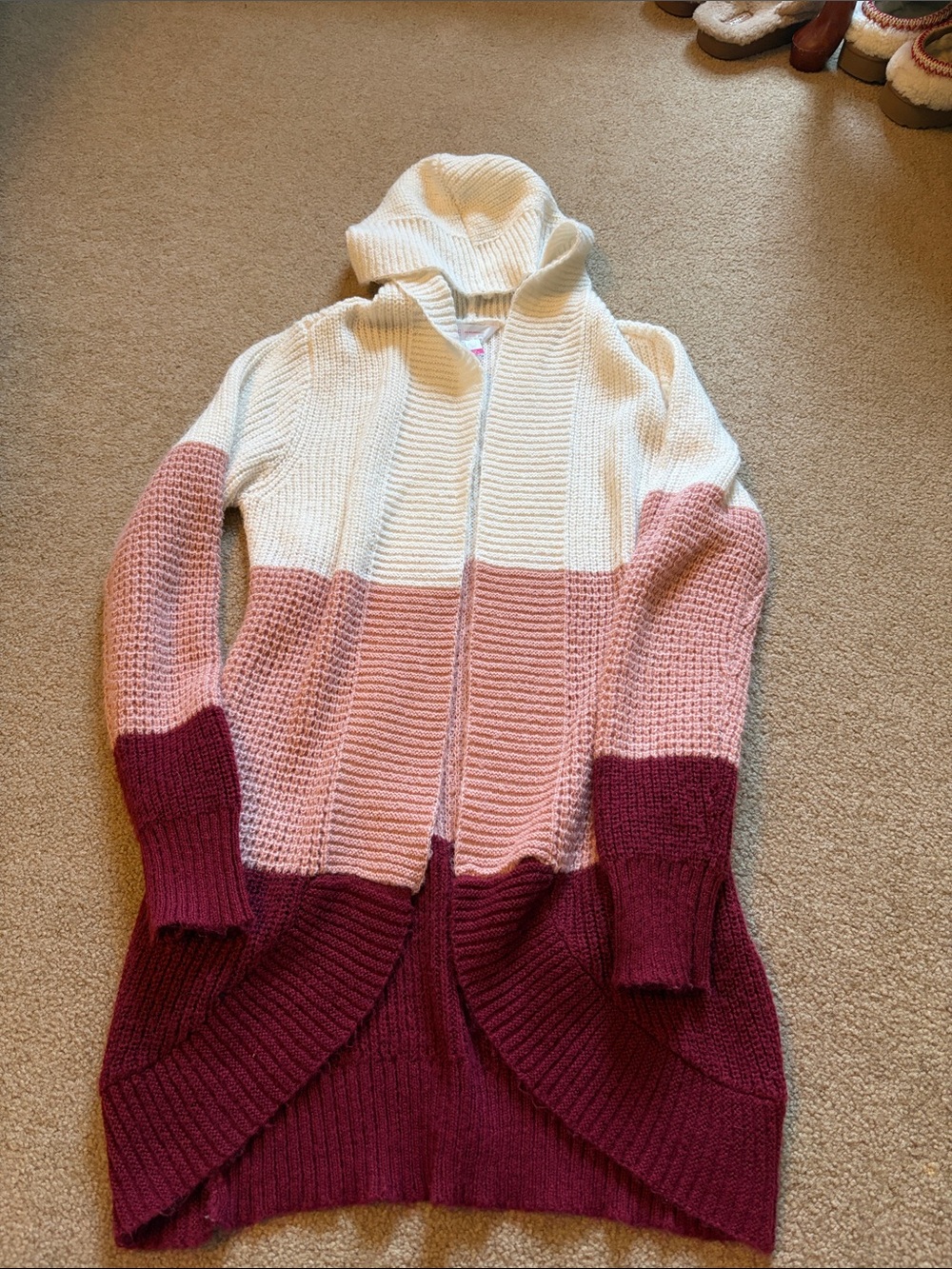 Colorblock Hooded Knit Cardigan Sweater - White, Pink & Burgundy